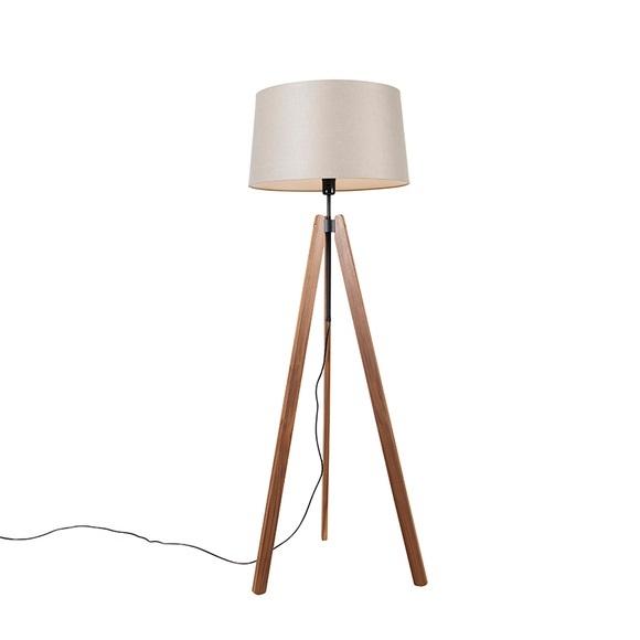 Vloerlamp tripod bruin met linnen kap taupe 45 cm - Telu