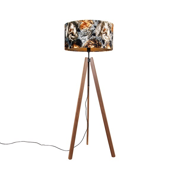Landelijke vloerlamp tripod bruin met kap bloemen 50 cm - Telu