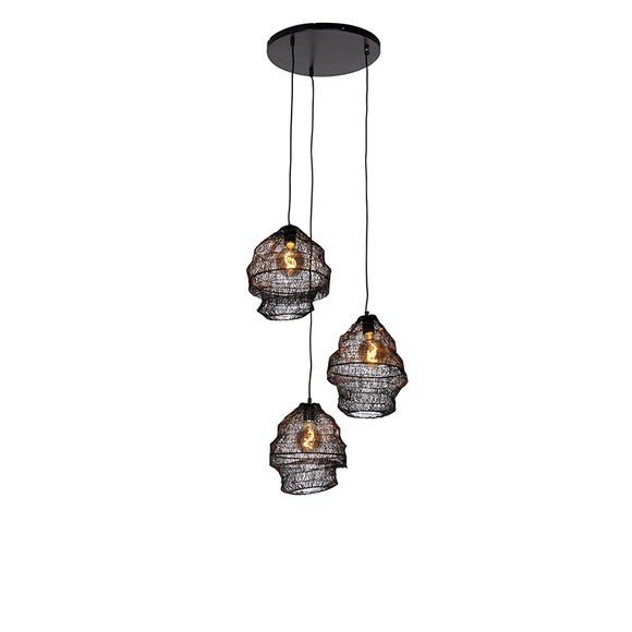 Oosterse hanglamp zwart rond 3-lichts - Vadi