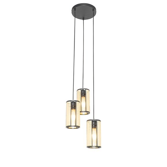 Oosterse hanglamp zwart met rotan 3-lichts rond - Akira