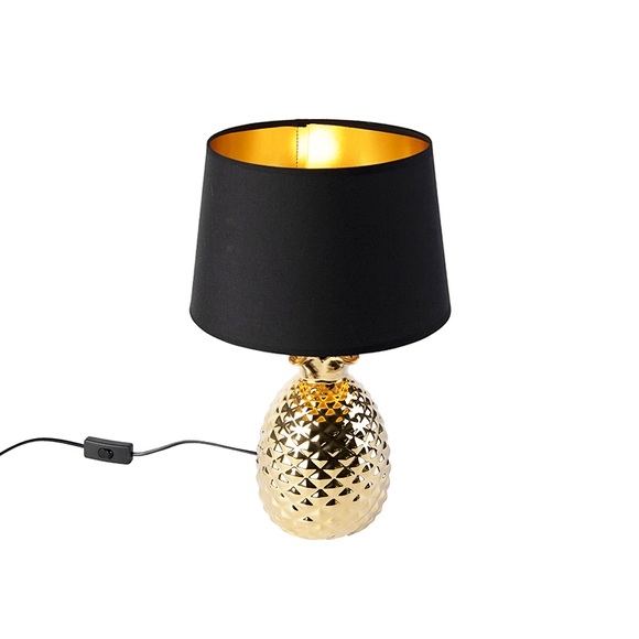 Gold-schwarze Textil-Tischlampe Pineapple, 45 cm
