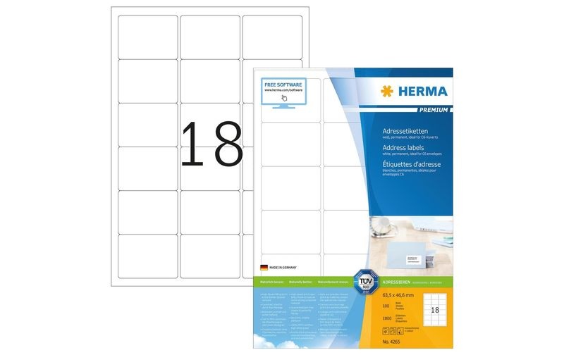 HERMA Adressetiketten A4 weiss 63,5x46,6 mm Papier 1800 St.