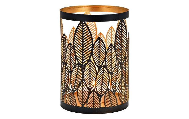 Windlicht Blatt Dekor aus Metall Schwarz, gold, 13x18x13cm