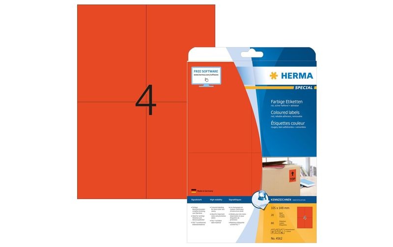 HERMA Etiketten A4 rot 105x148mm Papier matt ablösbar 80St.