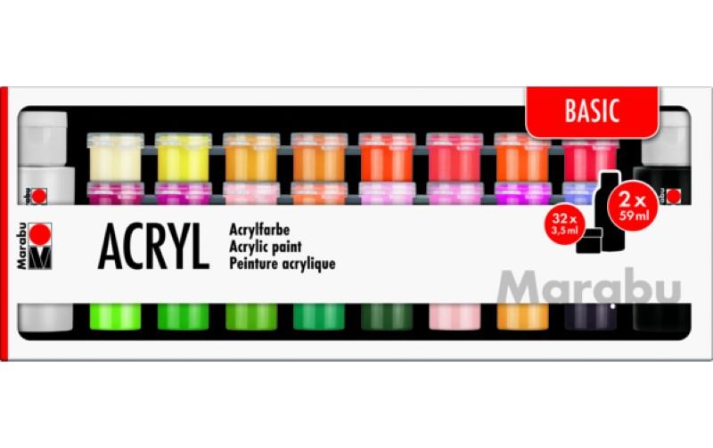 MARABU - Acrylfarbe Set Basic, 32 x 3.5 ml, 2 x 59 ml