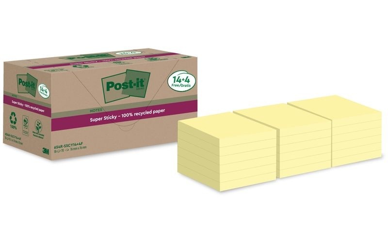 Post-it Super Sticky Recycelte Haftnotizen 76 x 76 mm Kanariengelb 70 Blatt Vorteilspackung 14 + 4 Gratis