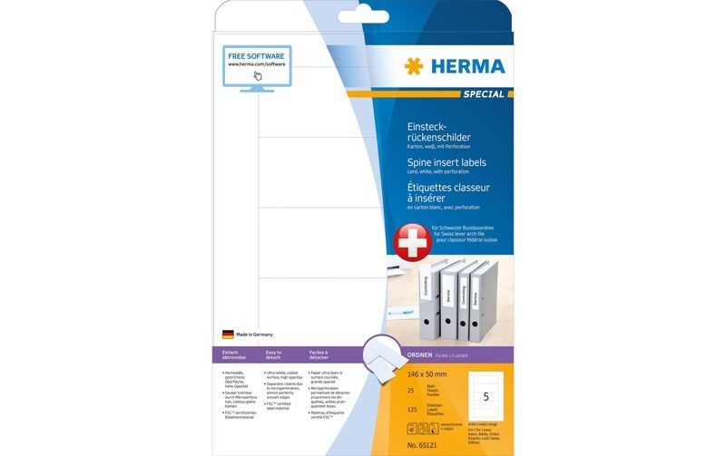 HERMA Einsteckrücken breit 146x50mm 65121 weiss 125Stk/ 25Blatt