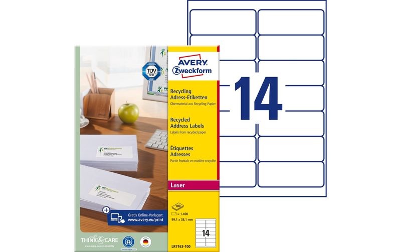 Avery Zweckform Adressetiketten, 99,1mm x 38,1mm, recycling, LR7163-100, (1400 Stück)