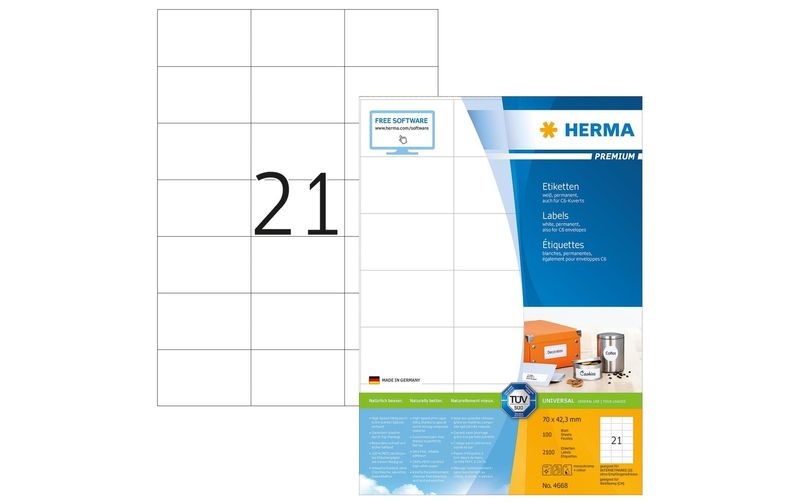 Herma 4668 Etiketten 70 x 42.3 mm Papier Weiß 2100 St. Permanent Universal-Etiketten Tinte, Laser, Kopie 100 Blatt DIN