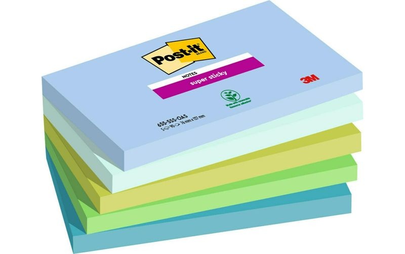 Post-it Super Haftnotizen 76 x 127 mm Blau, Grün Rechteckig Einfarbig 5 Blöcke mit 90 Blatt