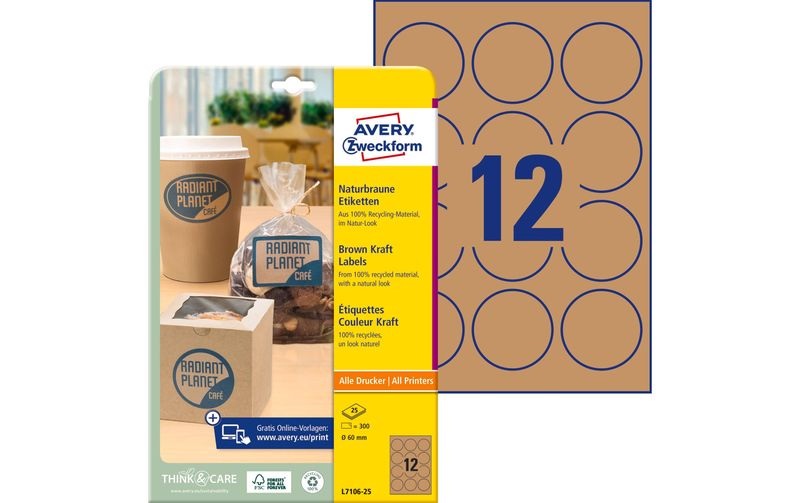 AVERY Zweckform L7106-25 Etiketten Ø 60 mm Braun 25 Bögen mit 12 Etiketten