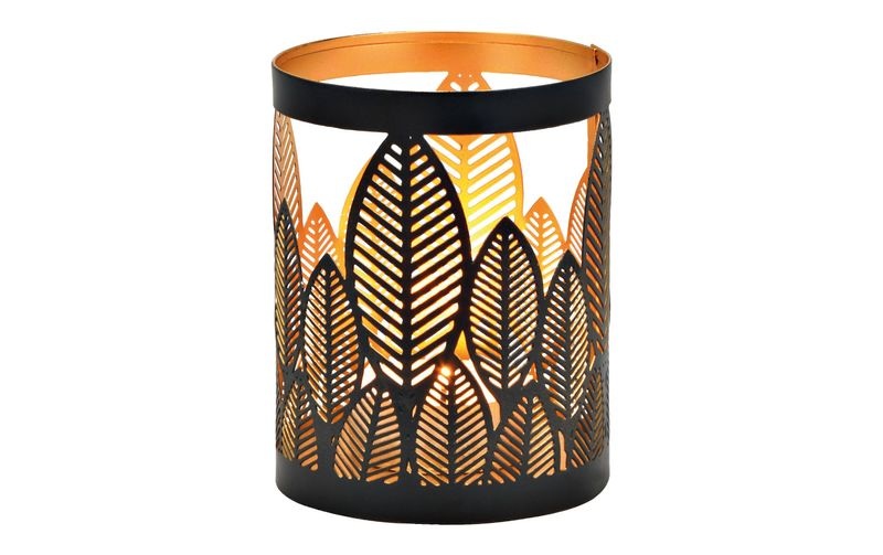 Windlicht Blatt Dekor aus Metall Schwarz, gold, 10x13x10cm