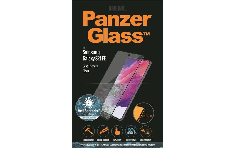PanzerGlass - Samsung Galaxy S21 FE 5G Antibakterielle Panzer Glas Display Schutzfolie Case Friendly mit Rahmen 0.3mm (7275) - Schwarz