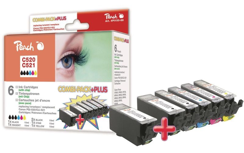 Peach Spar Pack Plus Tintenpatronen, XL-Ergiebigkeit, kompatibel zu Canon CLI-521, 2xPGI-520