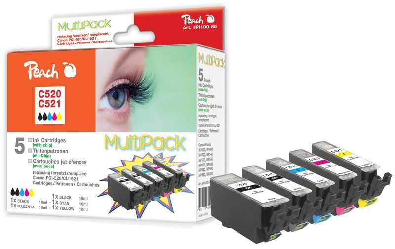 Peach Spar Pack Tintenpatronen, XL-Ergiebigkeit, kompatibel zu Canon CLI-521, PGI-520