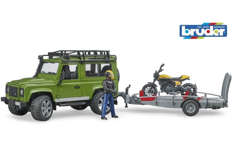BRUDER Land Rover Defender mit Ducati Scrambler