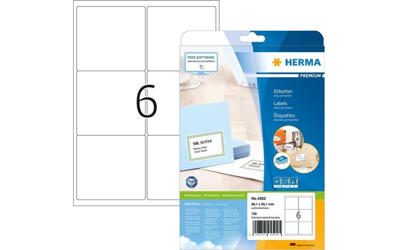 HERMA Adressetiketten Premium A4 weiss 99,1 x 93,1 mm 150St.