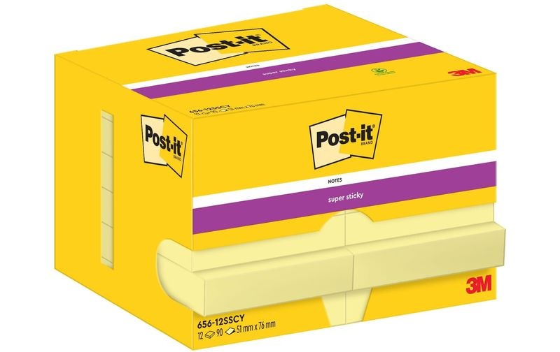 Post-it Super Sticky Haftnotizen 656-12SSCY 51 x 76 mm 90 Blatt pro Block Gelb Rechteckig Unliniert 12 Stück