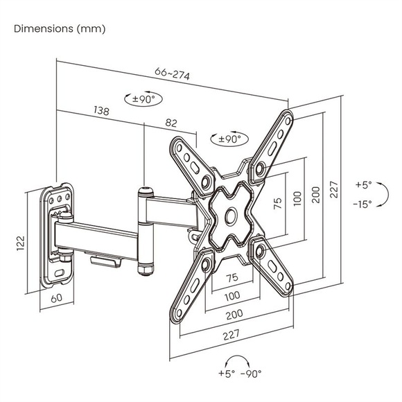 VALUE TV-Wandhalterung, 3 Drehpunkte, 13-43 Zoll, bis 20 kg