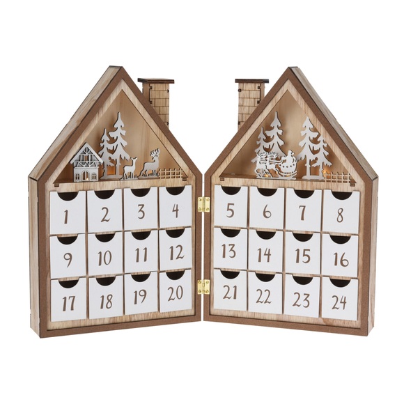 LED Adventskalender Holzhaus braun/weiss