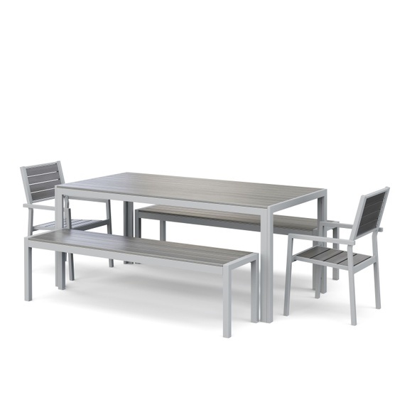 Gartenmöbel Tisch 180 cm + 2 Stühle + 2 Bänke grau