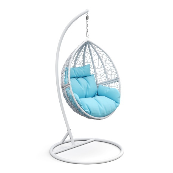 Eiersessel weiss mit türkisen Kissen
