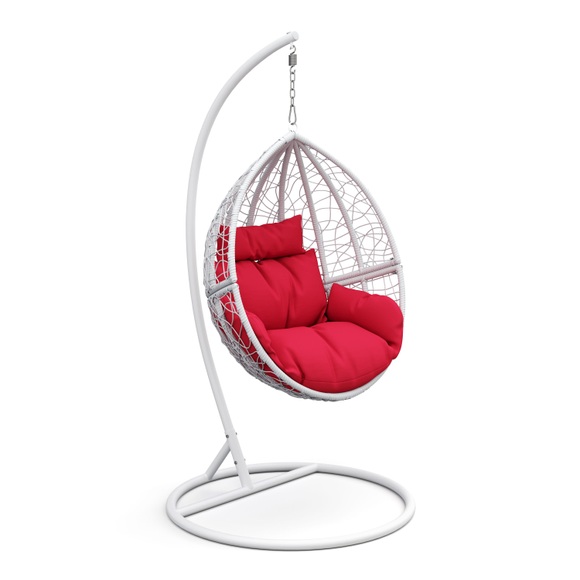Eiersessel weiss mit roten Kissen