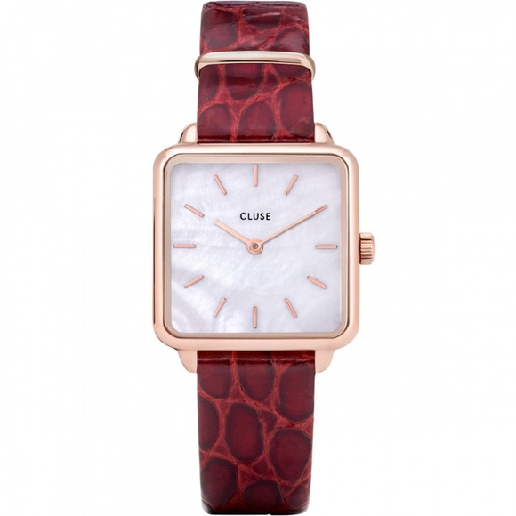 Cluse La Tétragone Leather, Rose Gold, White Pearl/Dark Red Alligator CW0101207029