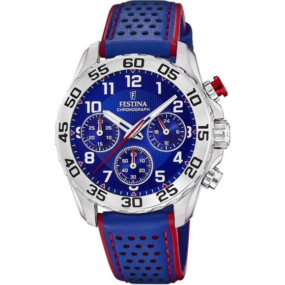 Festina F20458-2 Blau Lederarmband Chronograph Armbanduhr Quarz/Edelstahl