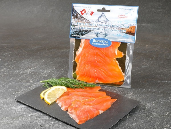Schweizer Lachsforellenfilets kaltgeräucht, geschnitten, 100g