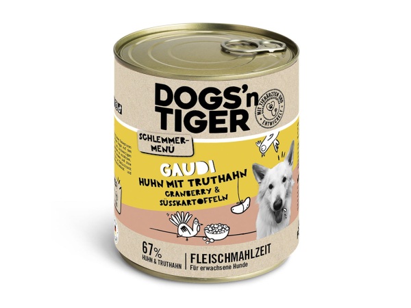 Dogs'n Tiger Schlemmermenü für Hunde 6 x 800 g - Huhn mit Truthahn, Cranberrys und Süsskartoffel