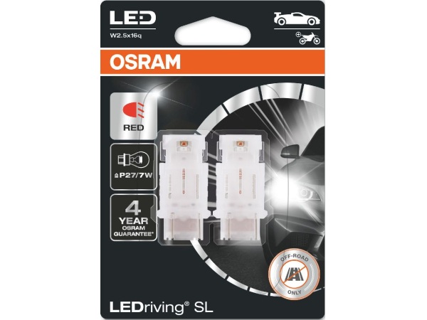OSRAM, Ersatzleuchtmittel, LED Retrofit Red 12V P27/7W Doppelblister, AUTO & BIKE, 3157DRP-02B