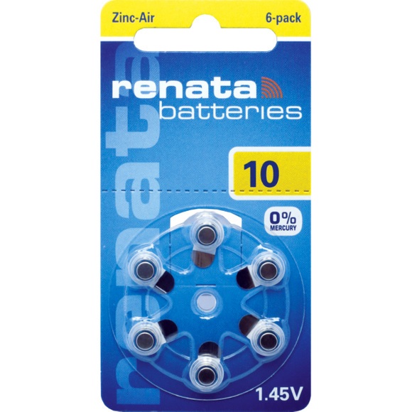 Renata Hörgerätebatterien Typ 10, 105 mAh, 6er Spindel mit 0% Quecksilber