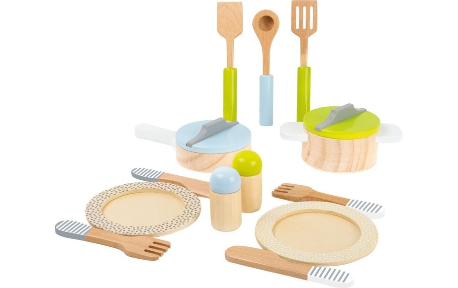 Small Foot 11098 - Geschirr- und Topfset Kinderküche, aus Holz, mit Tellern, Besteck, Streuer, Topf, Pfanne und Küchenhelfer