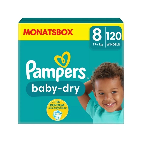 Pampers Baby-Dry Windeln, Gr. 8, 17+kg, Monatsbox (1 x 120 Windeln)