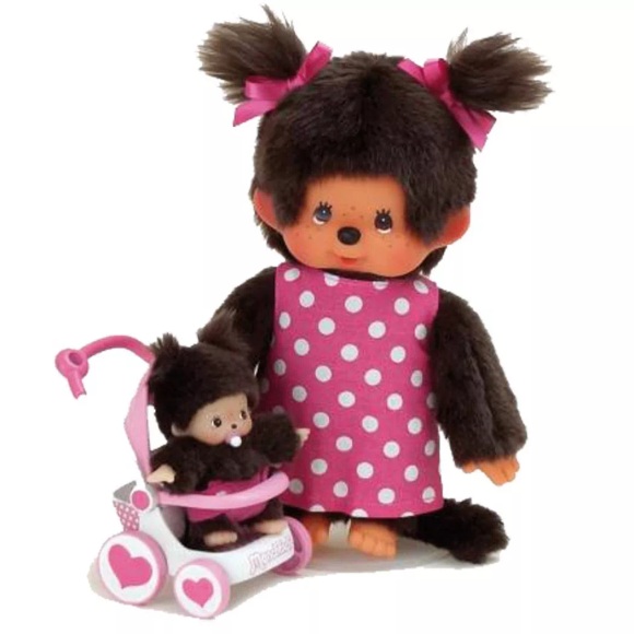 Monchhichi Set Mutter, Kinderwagen und Baby 20cm