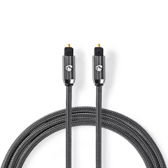 Optisches Audiokabel | TosLink Stecker | TosLink Stecker | 2,00 m | Rund | Baumwolle | Grau mit Metall | Karton mit abgedecktem Fenster