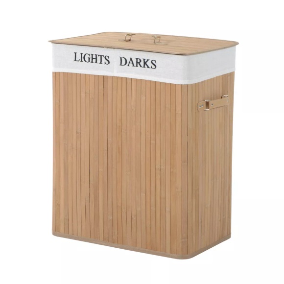 Northio - Wäschekorb 100L Wäschebox Wäschesammler Mit Deckel, Segeltuchsack, Bambus, Natur, 52X32X63Cm, One Size, Weiss-Natur