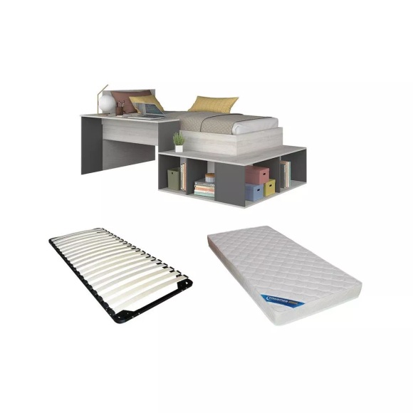Kombi-Bett + Lattenrost + Matratze - Mit Stauraum & Schreibtisch - 90 x 200 cm - Holzfarben & Anthrazit - RIGALI Kombi-Bett + Lattenrost + Matratze - Mit Stauraum & Schreibtisch - 90 x 200 cm - Holzfarben & Anthrazit - RIGALI