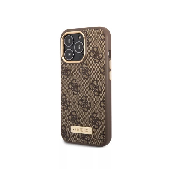 Guess - iPhone 14 Pro Max MagSafe Leder Hardcase Hülle 4G Logo Plate (GUHMP14XU4GPRW) - Braun / Gold