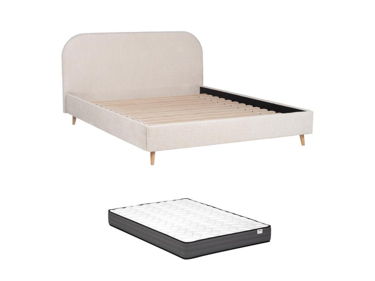 Polsterbett + Matratze - 140 x 190 cm - Bouclé-Stoff - Natur - SANTADI Polsterbett + Matratze - 140 x 190 cm - Bouclé-Stoff - Natur - SANTADI