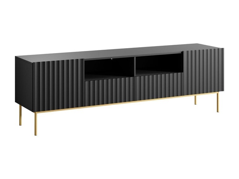 TV-Möbel - 2 Türen, 2 Schubladen und 2 Ablagefächer - MDF und Stahl - Schwarz und Goldfarben - EVILANA TV-Möbel - 2 Türen, 2 Schubladen und 2 Ablagefächer - MDF und Stahl - Schwarz und Goldfarben - EVILANA