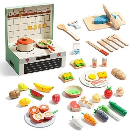 Kinderküche Zubehör Holzspielküche Zubehör, 78 Stück Rollenspiel Kochspielzeug Multicolor