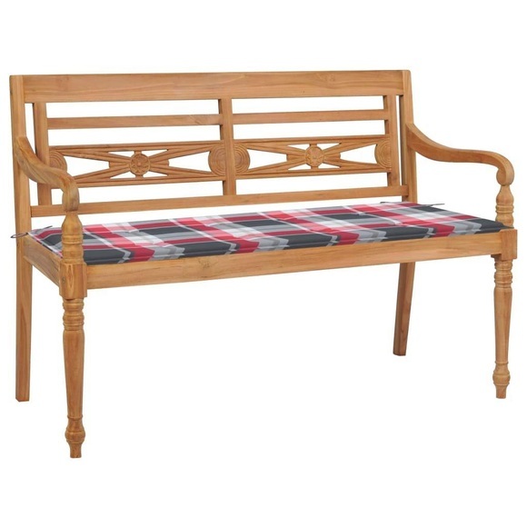 vidaXL Batavia-Gartenbank Rotes Karomuster-Kissen 120 cm Teak Massiv