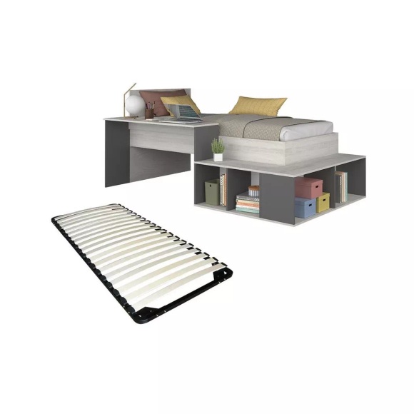 Kombi-Bett + Lattenrost - Mit Stauraum & Schreibtisch - 90 x 200 cm - Holzfarben & Anthrazit - RIGALI Kombi-Bett + Lattenrost - Mit Stauraum & Schreibtisch - 90 x 200 cm - Holzfarben & Anthrazit - RIGALI