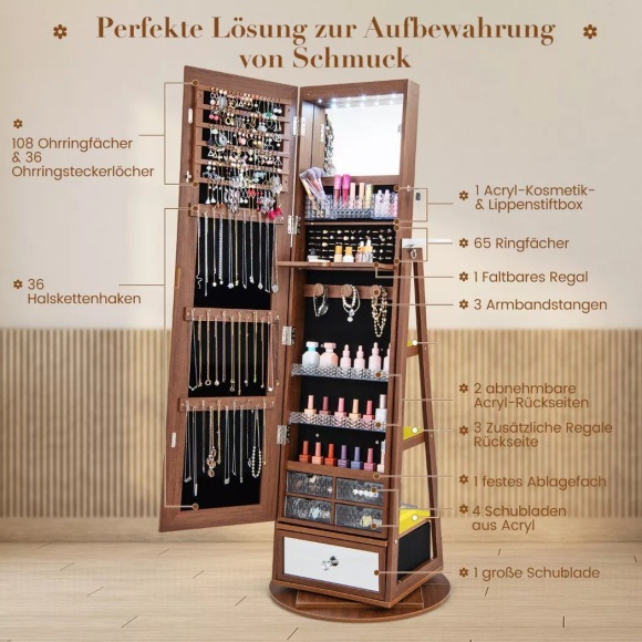 Northix - Schmuckschrank 360° drehbar Spiegelschrank mit Ganzkörperspiegel, 164CM, Braun