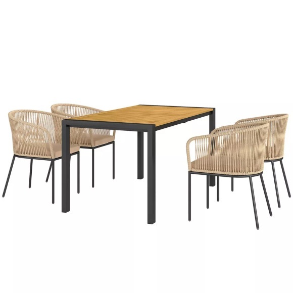 Northio - 5-teiliges Polyrattan Gartenmöbel-Set für 4 Personen, wetterfest Balkonmöbel mit Tisch 4 Stühle abnehmbar Sitzkissen, Outdoor Terrassenmöbel Lounge-Set für Balkon, Garten, Naturholz+Khaki |, One Size
