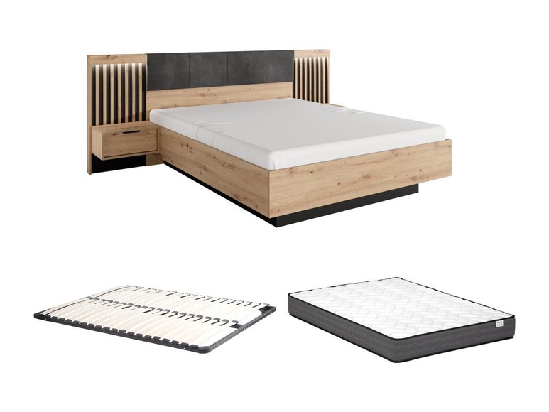Bett mit Nachttischen & LED-Beleuchtung + Lattenrost + Matratze - 160 x 200 cm - Holzfarben & Schwarz - ARIADA Bett mit Nachttischen & LED-Beleuchtung + Lattenrost + Matratze - 160 x 200 cm - Holzfarben & Schwarz - ARIADA