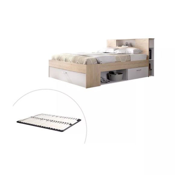 Bett mit Stauraum & Schubladen + Lattenrost - 140 x 190 cm - Weiß & Naturfarben - LEANDRE Bett mit Stauraum & Schubladen + Lattenrost - 140 x 190 cm - Weiß & Naturfarben - LEANDRE