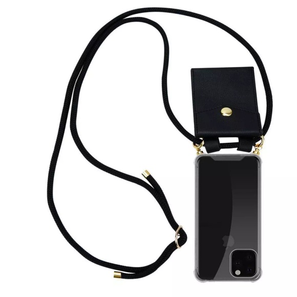 Cadorabo Handy Kette für Apple iPhone 11 PRO MAX (XI PRO MAX) in SCHWARZ - Silikon Necklace Umhänge Hülle mit Gold Ringen, Kordel Band Schnur und a...